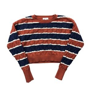 Stitch&Pine Striped Cable Knit Cropped Sweater Women Small Orange Blue Crewneck